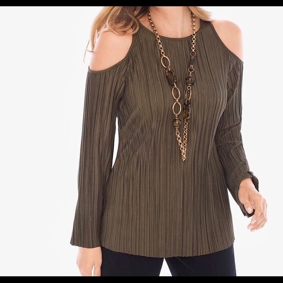 Chico's Tops - Chico Brown Pleated Faux-Suede Cold Shoulder Top